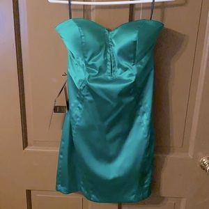 Strapless Bebe green satin dress